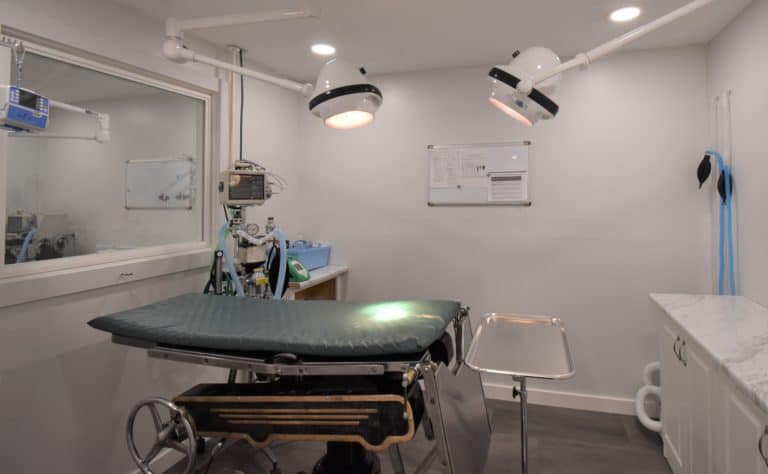surgery room with bed and overhead lights